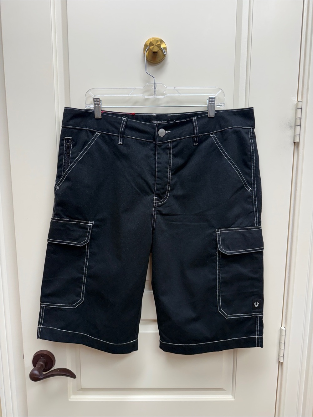 True Religion Black Cargo Shorts with White Contrast Stitching